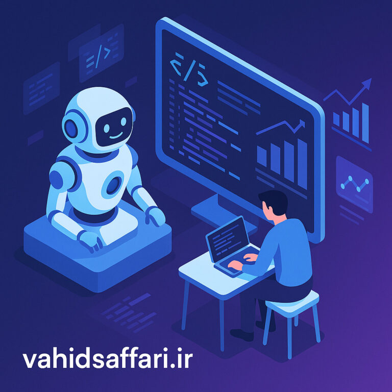تصویر هوش مصنوعی در حال کمک به برنامهنویس برای بهبود سرعت کدنویسی - vahidsaffari.ir