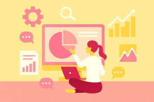 alt="تصویر گرافیکی از تحلیل داده در کسبوکار با رنگهای صورتی، زرد و سفید